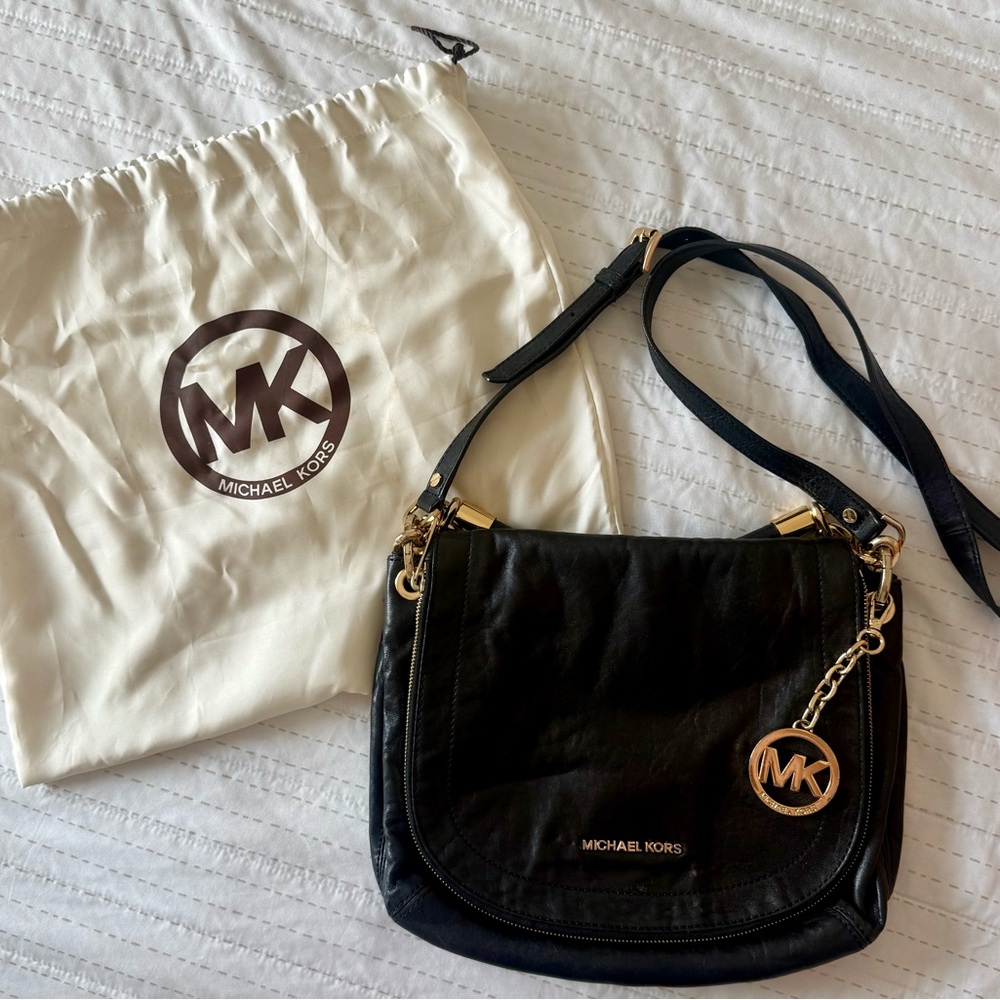 Michael Kors Black Leather Shoulder Bag with Gold Hardware